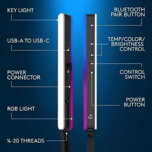 Logitech G Litra Beam LX 프리미엄 양면 RGB LED 스트리밍 키 라이트, 트루소프트, 스트리밍, 방송, LIGHTSYNC, 블루투스, USB, PC/맥용 - 그래파이트 | 블루투스 - style: RGB
