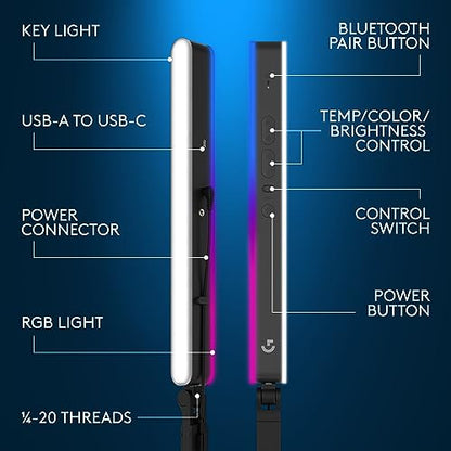 Logitech G Litra Beam LX 프리미엄 양면 RGB LED 스트리밍 키 라이트, 트루소프트, 스트리밍, 방송, LIGHTSYNC, 블루투스, USB, PC/맥용 - 그래파이트 | 블루투스 - style: RGB