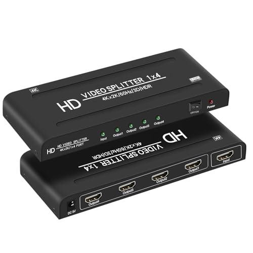 4K@60Hz 1x4 HDMI Splitter 1 in 4 Out 4:4:4,18 Gbps,4 Port Powered HDMI 2.0 Splitter Support Auto Down Scaler, 4K 1080P Sync, HDR10,3D, Only Duplication/Mirror Screens (Not Extend) for PS5/Xbox/HDTV - size: 1x4 splitter 4K@60Hz