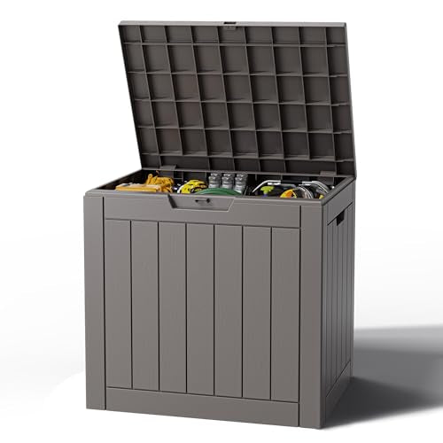 Outdoor Storage Box, Resin Deck Boxes Indoor and outdoor, Waterproof Storage Box Lockable Lid (Grey,35 Gallon) - color: Striped Grey, style: 35 Gallon