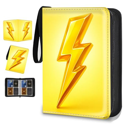 4 Pocket Trading Card Binder, Holds 400 Cards, PU Zipper Binder | PU leather cover, holds 400 cards, 50 removable pages, zipper closure, portable storage and protection. - color: Yellow lightning
