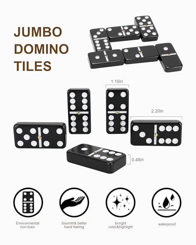 KAILE Jumbo Double 6 Domino Set with Portable Case & 4 Wooden Racks | 28 Large Tiles for Adults & Families | Travel & Board Games for 2-4 Players - color: Black