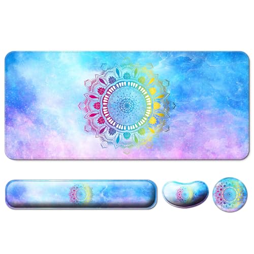 4 in 1 Mouse Pad and Keyboard Wrist Rest,Large Desk Mat,Coaster Set-Star | Desk Matt For Desktop Wrist Rest Support XXL Gaming Cute Ergonomic for Computer Laptop Women Office Home Decor - color: K2-star Mandala