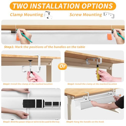 Under Desk Cable Management Tray No Drill,48Inch Cable Management,White | Clamp and Screw Mount Cable Management Tray, Extra Large Capacity Desk Cable Management, Fabric Wire Management for Office - color: White, size: 48"L x 5.5"W