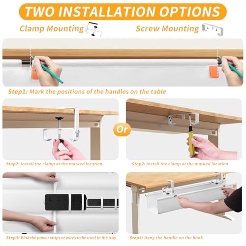 Under Desk Cable Management Tray No Drill, 28Inch Cable Management,White | Clamp and Screw Mount Cable Management Tray, Extra Large Capacity Desk Cable Management, Fabric Wire Management for Office - color: White, size: 28"L x 5.5"W
