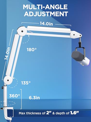 InnoGear Mic Arm Microphone Boom Arm Cable Management for Blue Yeti, White | Desk Mount, for Shure Fifine, Professional Appearance, Extendable, Horizontal Reach 32.3", 3.5 lb Weight Capacity, Heavy-Duty - color: White, style: Standard Clamp