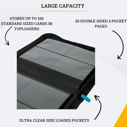Card Guardian - Toploader 4 Pocket Premium Binder with Zipper for 160 Cards - Side Loaded Pockets - Compatible with Sports and Trading Cards TCG (Teal) - color: Teal