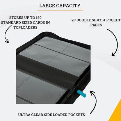 Card Guardian - Toploader 4 Pocket Premium Binder with Zipper for 160 Cards - Side Loaded Pockets - Compatible with Sports and Trading Cards TCG (Teal) - color: Teal