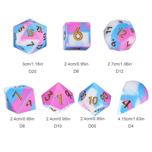 7-Piece Jumbo Silicone DND Dice Set, 25mm Oversized D&D Dice | Round Edges Soft Perfect Bouncer Compatible with Dungeons and Dragons RPG Bar Pub Club Party Games - color: Pink&white&blue