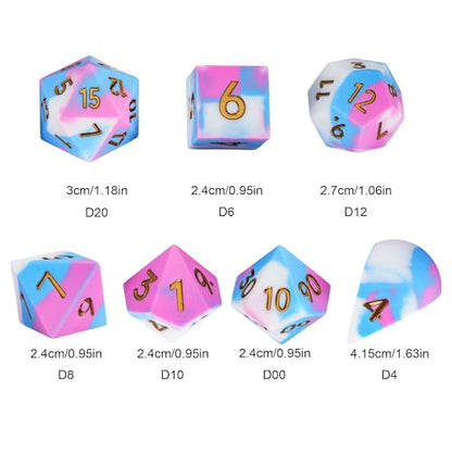 7-Piece Jumbo Silicone DND Dice Set, 25mm Oversized D&D Dice | Round Edges Soft Perfect Bouncer Compatible with Dungeons and Dragons RPG Bar Pub Club Party Games - color: Pink&white&blue
