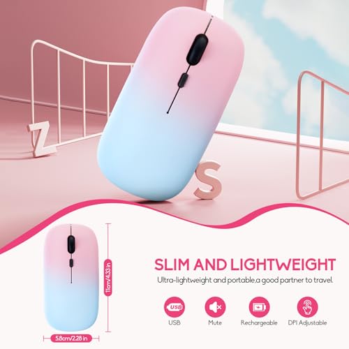 Wireless Bluetooth Mouse,LED Dual Mode Rechargeable Silent Slim Laptop Mouse,Portable(BT5.2+USB Receiver) Dual Mode Computer Mice,for Laptop,Desktop Computer,ipad Tablet,Phone,TV (Pollen blue) - color: Gradient Pollen blue