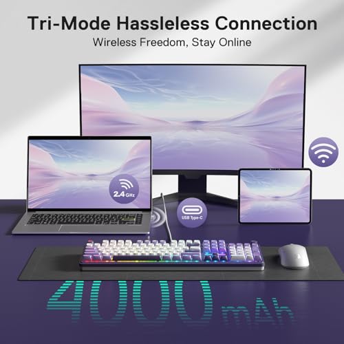 Redragon K762 Wireless Gasket Mechanical Gaming Keyboard, LED Screen & Knob | Easy-Control TFT Info Display, Cushioned 5-Layer Noise Dampening for Creamy Thocky Sound, Round PBT Keycap, 104 Custom Switch - color: Charming Purple, size: 104 Keys