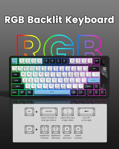 DK75 75% Wireless Gaming Keyboard, RGB Backlit Creamy Keyboard with Media Knob, OLED Screen, Tri-Mode 2.4GHz/USB-C/BT5.0, Anti-Ghosting No-Conflict Silent Membrane Keyboard for MAC Windows - color: Black&Blue