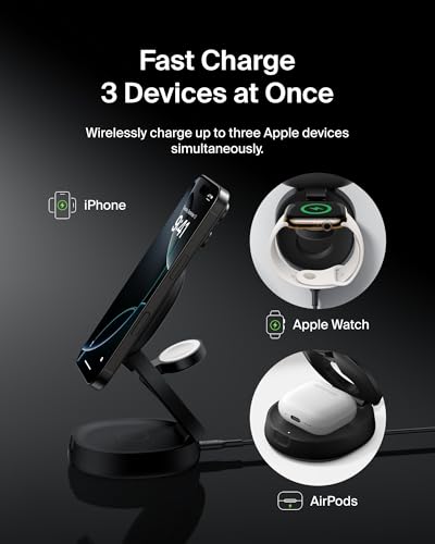 Belkin MagSafe Charger Compatible, 3-in-1 Qi2 15W Wireless Charging Station, Convertible Wireless Charger for iPhone 17, Apple Watch, AirPods, Pixel 10, Phone Stand for Travel w/ 36W Adapter - Black - color: Black, style: 3 in 1