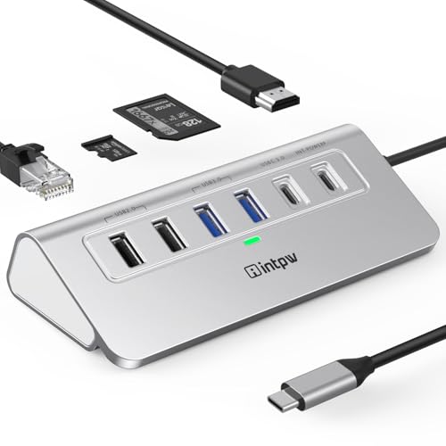 intpw 10-in-1 USB C Hub, P9R Powered USB Hub with 4K HDMI, 3 USB 3.0 5Gbps, PD 100W, 1Gbps Ethernet, SD/TF, Aluminum USB Hub for Laptop, MacBook Pro/Air, iPad Pro, iPhone 17, Dell, HP - color: Silver White, size: 1.64ft