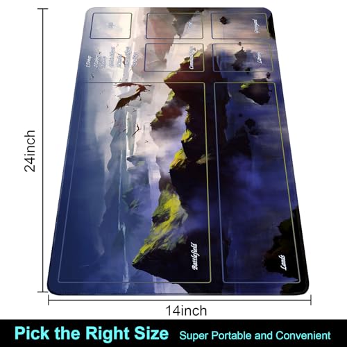 MTG Playmat with Storage Tube & 7-Dice Set - Waterproof TCG Playmat with Stitched Edges, Non-Slip Rubber Card Game Mat (24"x14") (playmat with Zones, 2-Flying Dragons) - color: 2-flying Dragons, style: playmat with zones