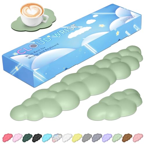 JIKIOU Upgrade Leather Cloud Wrist Rest for Keyboard and Mouse & Cup Pad | Wish Gift-Cute Cloud Shape, Comfortable and don’t Irritate to Skin, Non-Slip PU Base,Soft Memory Foam filled for Pain Relief - color: 06pastel Green