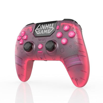 linhugame Wireless Controller for P5/Pro/Slim/PC, with Transparent Shell/RGB Tape Light/Hall Effect Joyticks and Trigger/Macro/Turbo/3.5mm Audio Jack/Speaker and Mic/1500 mAh Large Battery Gamepad (Pink)