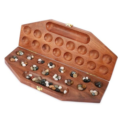 Ajuny Wooden Mancala Board Game Folding Travel Set with 96 Stones 2 Player | Traditional Counting Strategy Activity for Children Grownups Family Nights Educational Entertainment Birthday Holiday Present - size: 14 Inch