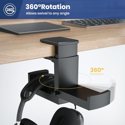 Dual Headphone Stand Holder - EURPMASK 2 in 1 PC Gaming Headset Hooks, 360 Degree Rotating Headphone Hanger with Adjustable Clamp & Cable Clip Organizer, Headset Mount Under Desk Earphone Clamp-Black - color: Black