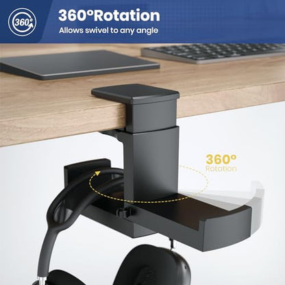 Dual Headphone Stand Holder - EURPMASK 2 in 1 PC Gaming Headset Hooks, 360 Degree Rotating Headphone Hanger with Adjustable Clamp & Cable Clip Organizer, Headset Mount Under Desk Earphone Clamp-Black - color: Black