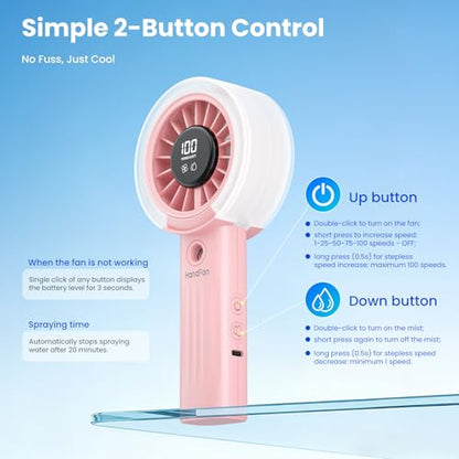 HandFan Upgraded Misting Fan with LED Display – Extreme Cooling Portable Handheld Fan with Water Mist Spray, 50% Stronger Airflow & Quieter, Personal Mister for Travel/Park/Disney/Beach/Concert/Game - color: Blush Pink