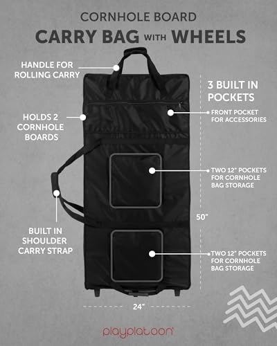 Play Platoon Cornhole Board Carrying Case with Wheels, Regulation Rolling | Bag for Two 4x2 Ft Boards, Set of 8 Bags & Accessories Storage Pocket
