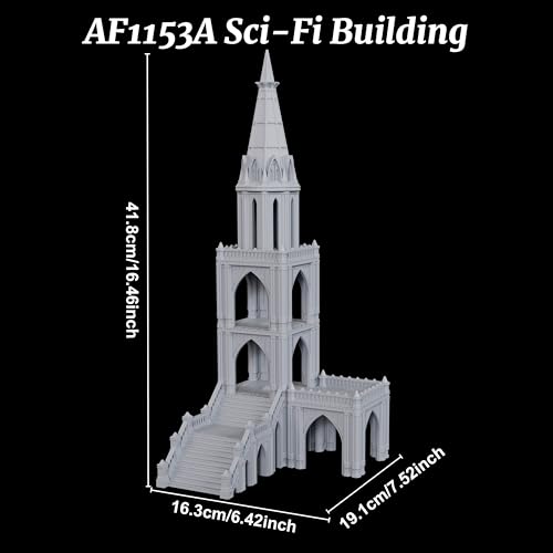 AUSPDICE Sci-Fi Buildings 25mm Gothic Spire Tower, Wargame Terrain | 1:64 Scale Unpainted Multi-Tier Tower with Open Balconies and Stairs for Sci-Fi TTRPGs, Wargames and Dioramas - AF1153A