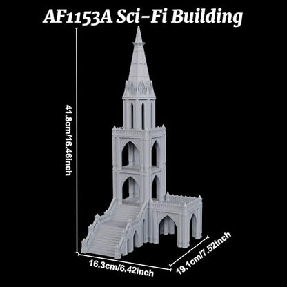 AUSPDICE Sci-Fi Buildings 25mm Gothic Spire Tower, Wargame Terrain | 1:64 Scale Unpainted Multi-Tier Tower with Open Balconies and Stairs for Sci-Fi TTRPGs, Wargames and Dioramas - AF1153A