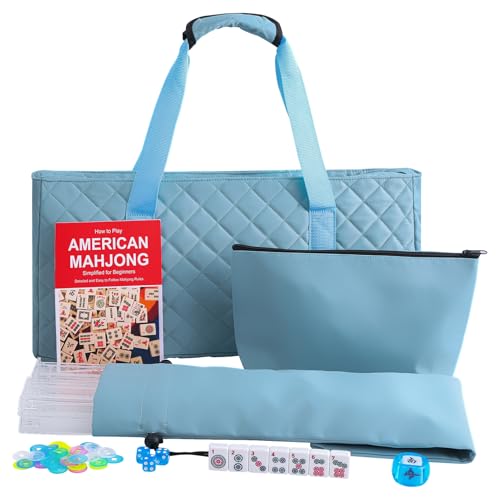 Jongyance American Mahjong Set with Light Blue Carrying Bag, 166 White Tiles, 4 Racks with Pushers, Mahjong Tiles Set for Beginners - color: Lgiht Blue