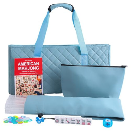 Jongyance American Mahjong Set with Light Blue Carrying Bag, 166 White Tiles, 4 Racks with Pushers, Mahjong Tiles Set for Beginners - color: Lgiht Blue