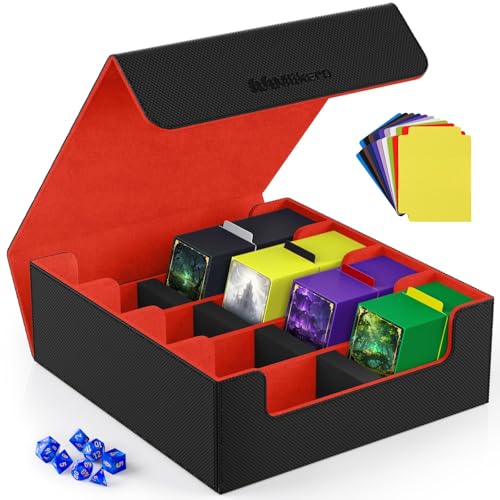 Mlikero Trading Card Storage Box, Bulk Card Storage for 2400+ Sleeved Cards, PU Leather Magnetic Closure Card Organizer with 10 Dividers & 4 Foam Stoppers, Fit for MTG, TCG and Sports Cards (Red) - color: A2-Red, size: A-4 Row