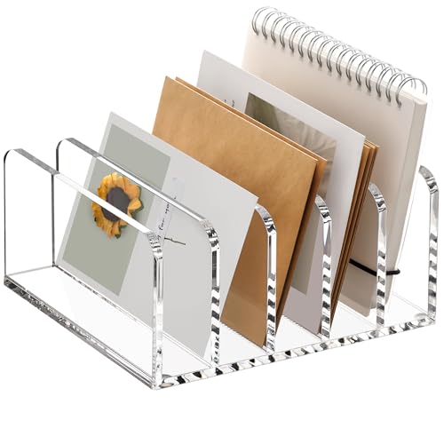 SANRUI 5 Compartments Acrylic Mail Sorter Holder, Clear Document Magazine Envelope File Rack, Vertical Letter Sorter & Multifunction Desk Organizer for Bills, Documents, Notebooks - size: 5 Compartments Rectangle