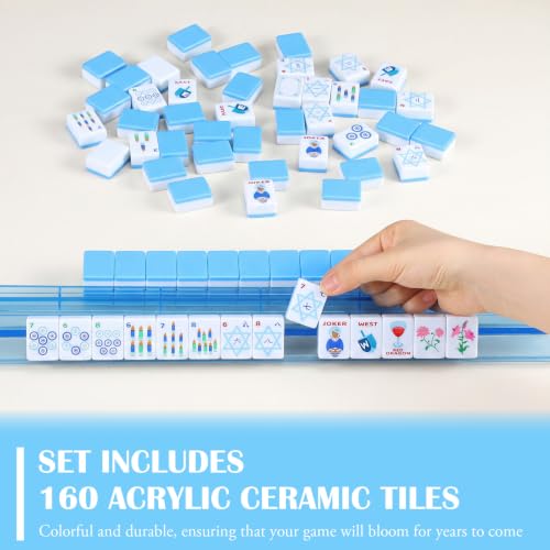 160 Pcs American Mahjong Tiles Set Blue, Mini 1.2 Inch Mahjong Tiles with Rosh Hashanah Themed Protable Mah Jong Game Set for Jewish New Year Holiday Family Gathering Hanukkah Gift - style: Jewish