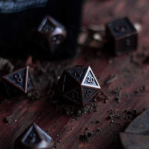HEIMDALLR Metal DND Dice Set 7pcs - Indestructible Metal Dice Set w/Dice Bag; D&D Dice Set D&D (Dungeons and Dragons Dice Set) w/ D20 Dice - Blacksmith Craft Dice (Weathered Bronze) - color: 01 Burnished Bronze