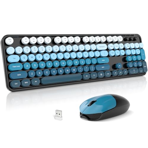 Wireless Keyboard and Mouse Combo, 2.4GHz Gradient Colorful Full-Size Retro Typewriter Keyboard with Wireless Mouse for PC/Desktop/Laptop/Windows (Black Blue) - color: Black Blue