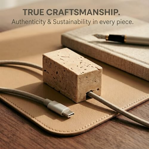 Travertine Cord Holder-Cable Organizer for Desktop, Nightstand | Natural Travertine Stone, Non-Slip Desk Cable Holder, Paperweight, Minimalist Desk Accessories
