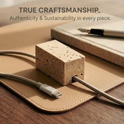 Travertine Cord Holder-Cable Organizer for Desktop, Nightstand | Natural Travertine Stone, Non-Slip Desk Cable Holder, Paperweight, Minimalist Desk Accessories