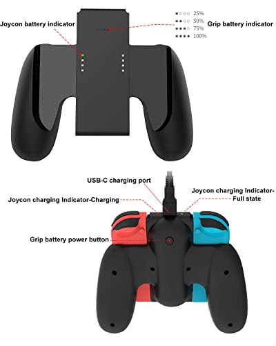 KINVOCA Charging Grip with 2000mAh Battery, 2-in-1 Comfort Grip for Nintendo Switch Controller, Controller Charger with 32in USB-C Cable, Power & Charge Indicators, Overcharge Protection - size: Grip for Original Controller ONLY(2000mAh Battery)