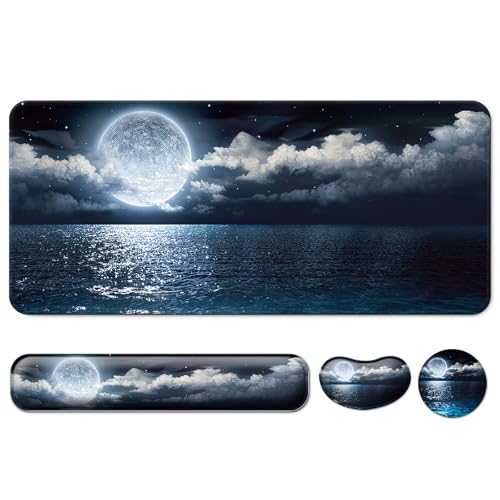 4 in 1 Mouse Pad and Keyboard Wrist Rest,Large Desk Mat,Coaster Set-Ocean | Desk Matt For Desktop Wrist Rest Support XXL Gaming Cute Ergonomic for Computer Laptop Women Office Home Decor - color: A3-moon Ocean
