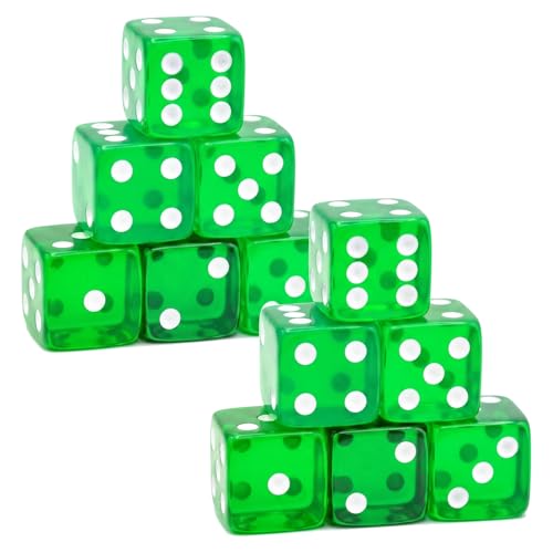 12 Piece 19 mm Casino Style Dice Set, Acrylic Translucent D6 Dice with Square Rounded Edge,Green for Craps, Table Games, Board Games, RPG, MTG, DND(Green) - color: Green