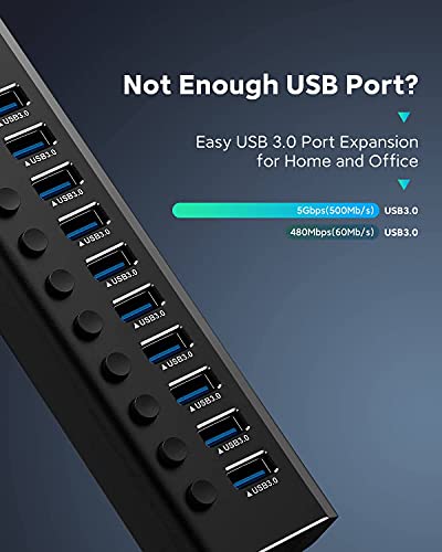 10-Port Powered USB Hub, Aluminum USB 3.0 Data Hub 36W, RSH-A10 | USB Extender Hub Splitter with 12V/3A Power Adapter and Individual On/Off Switches, for Laptop and PC - size: 10-Port Powered USB Hub