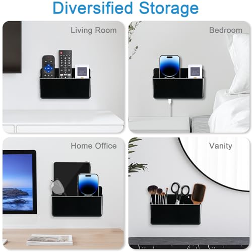 3 Slot Adjustable Remote Holder Wall Mount, TV Controller Holder Hollow Bottom Slot Easy Phone Charging, Adhesive Remote Control Holder, Wall Pen Holder for Office School Home (Black) - color: Black