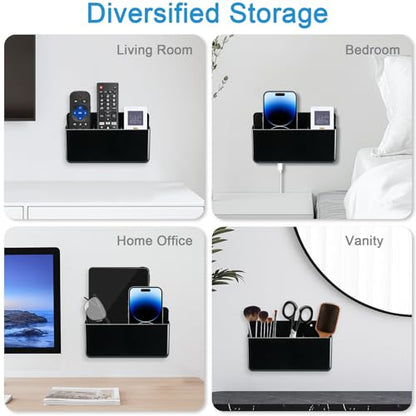 3 Slot Adjustable Remote Holder Wall Mount, TV Controller Holder Hollow Bottom Slot Easy Phone Charging, Adhesive Remote Control Holder, Wall Pen Holder for Office School Home (Black) - color: Black