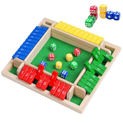 Shut The Box Dice Game – Travel Size 4 Player Wooden Board | Classic Strategy Board Game For Kids & Adults. Fun For Family, Classroom, Home, Party, Pub. Great Travel Size Tabletop Game