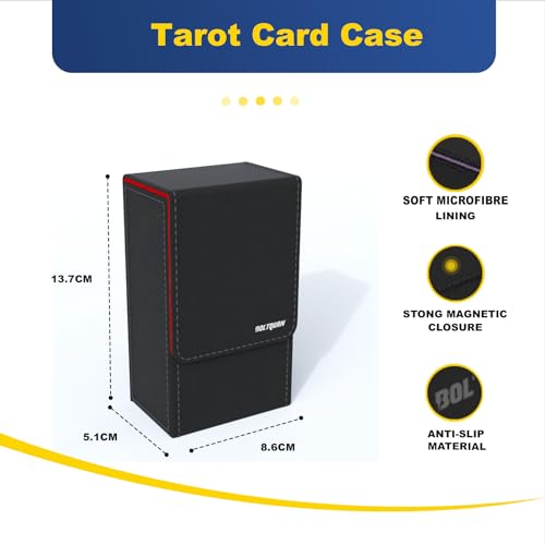 Black Tarot Card Holder with Red Interior; Fold Top Tarot Card Box Case with Magnetic Lid Closure; Fits Standard Tarot Card Deck; Holder Measures Standard Size 5.39 x 3.38 x 2 In (137*86*51mm) (Red) - color: Red