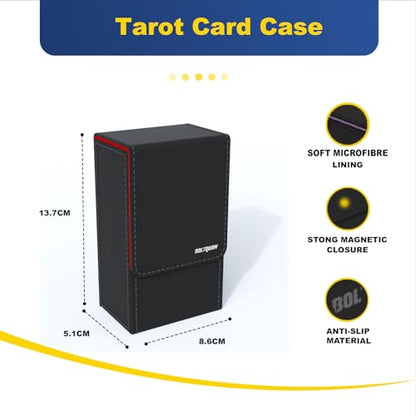 Black Tarot Card Holder with Red Interior; Fold Top Tarot Card Box Case with Magnetic Lid Closure; Fits Standard Tarot Card Deck; Holder Measures Standard Size 5.39 x 3.38 x 2 In (137*86*51mm) (Red) - color: Red