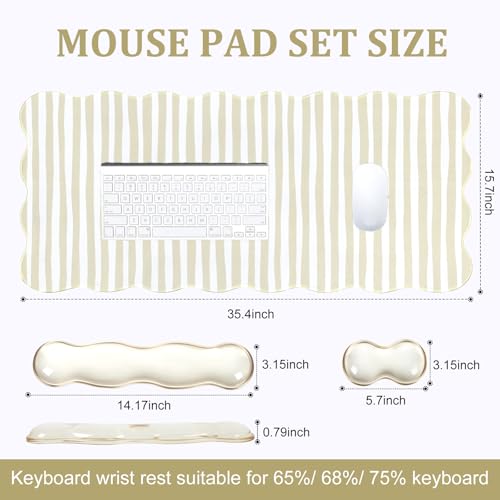 L-SPOUTTO Beige Striped Mouse Pad Set,Scalloped XXL Desk Mat + Ergonomic Mouse Wrist Rest + Gel Keyboard Wrist Rest for Keyboard 65%/75%,3in1 Large Desk Pad for Desktop Home Office Computer Game - color: Beige Striped