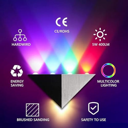 Triangle LED Wall Light | 5W Up Down Wall Sconce Silver & Black Finish | Aluminum Metal Art Decor Wll Lamp for Living Room Gaming Room Theater Hotel Party | Hardwired RGB Spotlights