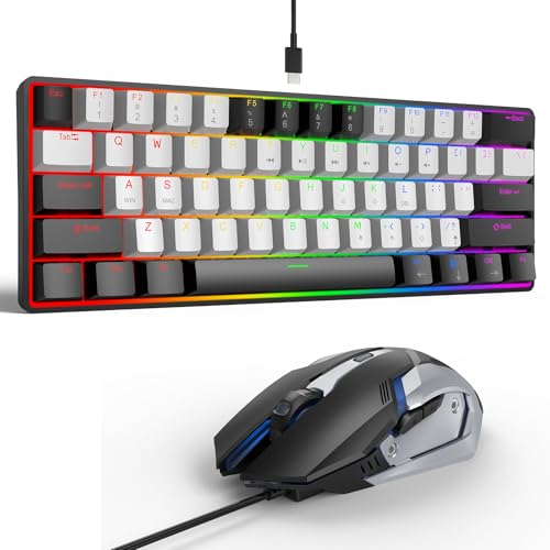 LAMA Mini 60% 61 Keys Mechanical Keyboard with Red Switches, LED Backlit, Small Portable Gaming Wired Keyboard for Laptop, PC, Gamer, Typist, MAC, PS4, Xbox ONE Gamer (Black+White) - color: Black White